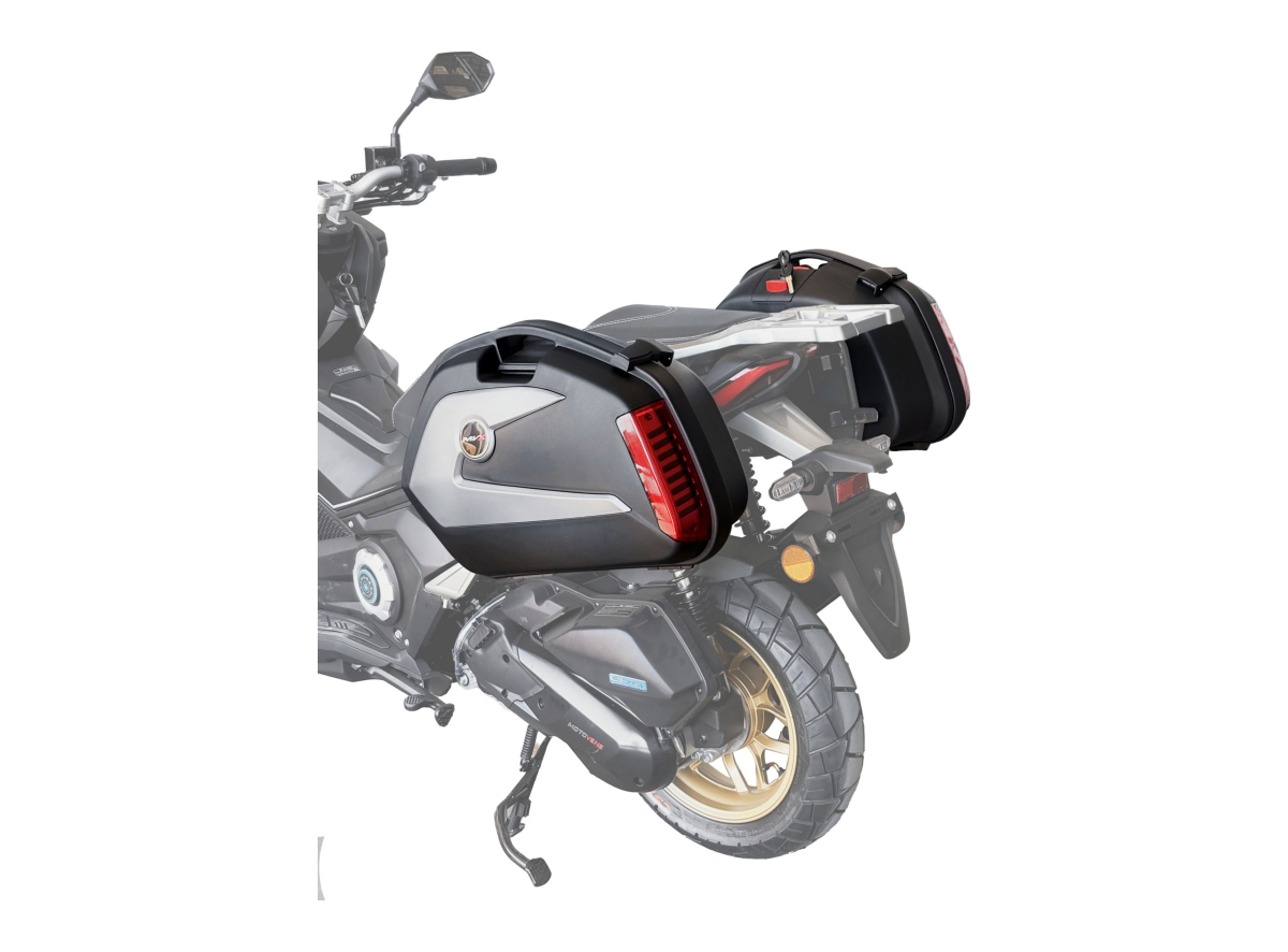 Set bočnih kofera za motor CRNO-SIVI sa reflektorom, naslonom i univerzalnim nosačem 23L 62X46X39CM