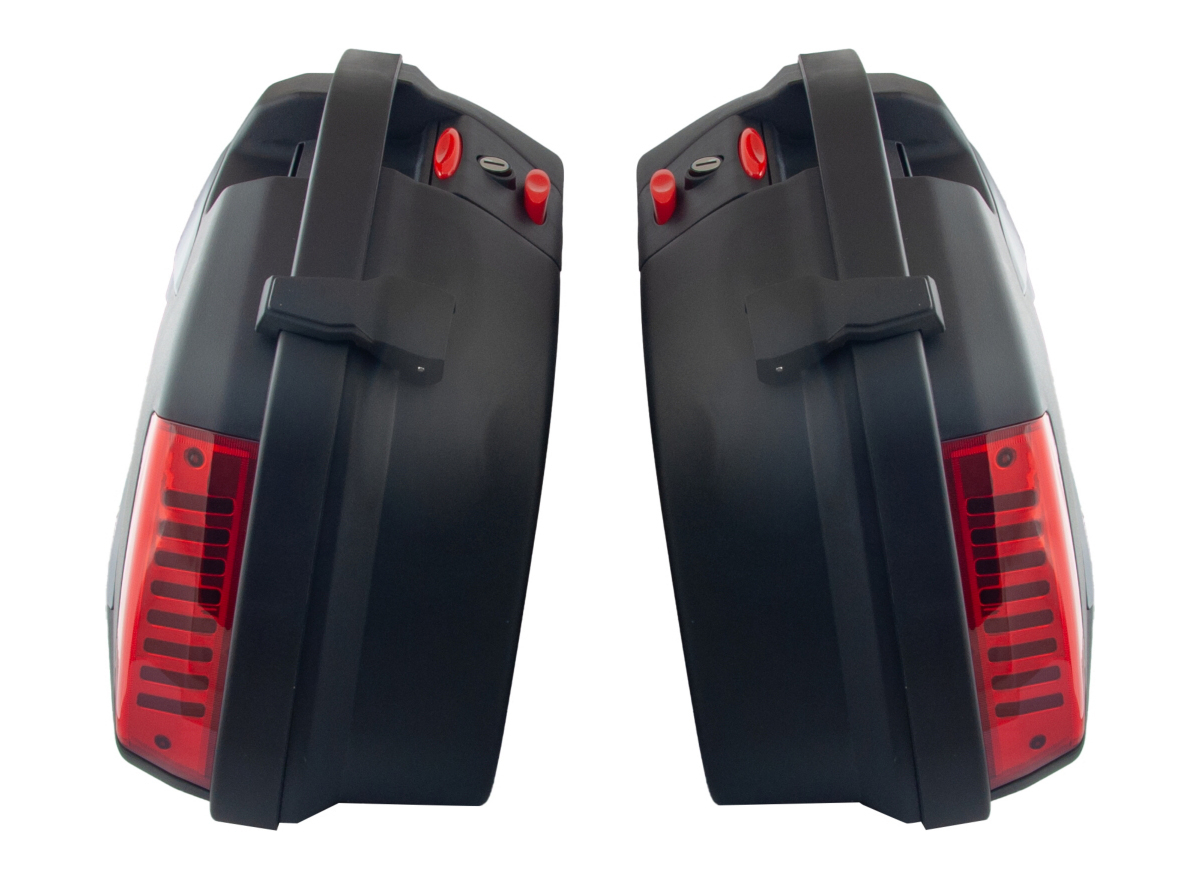 Set bočnih kofera za motor CRNO-SIVI sa reflektorom, naslonom i univerzalnim nosačem 23L 62X46X39CM